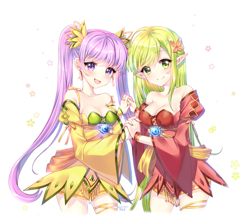 2girls aisha_(elsword) bare_shoulders blush breasts cleavage dress earrings elf elsword eyebrows_visible_through_hair festival flower flower_(symbol) gem hair_flower hair_ornament hair_ribbon hand_holding highres jewelry large_breasts long_hair medium_breasts multiple_girls open_mouth pointy_ears rena_(elsword) ribbon smile twintails xes_(xes_5377)