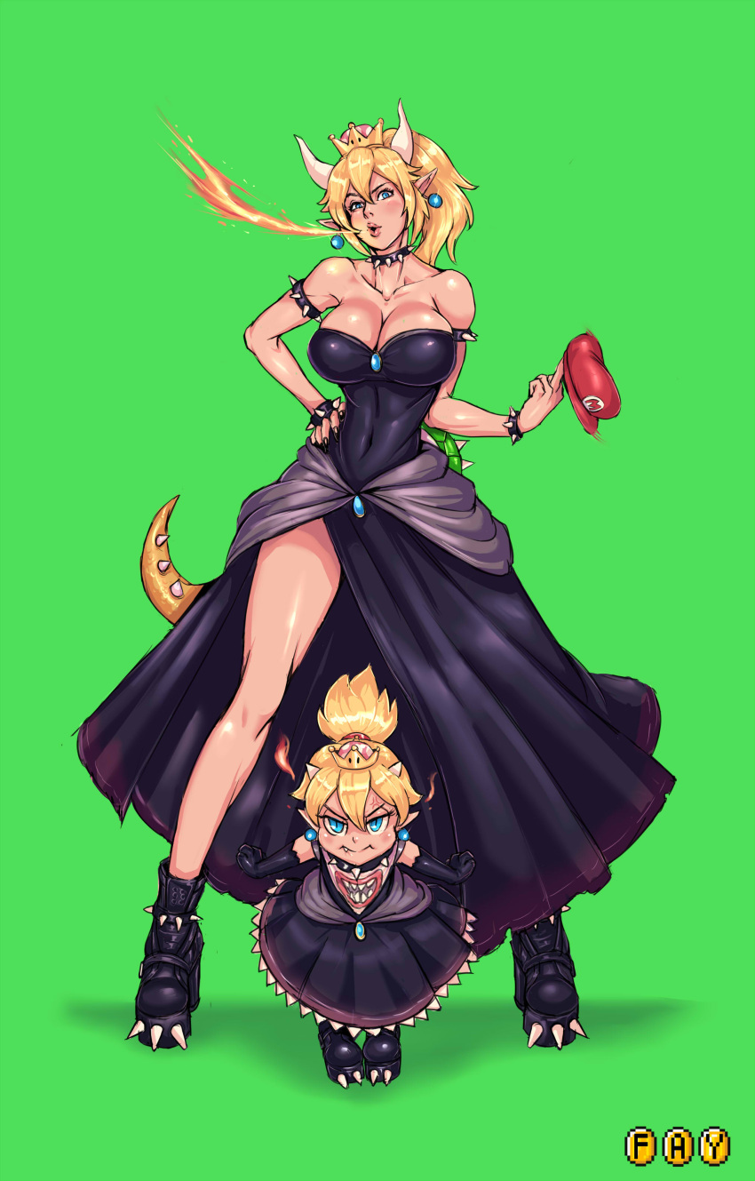 2girls absurdres anger_vein bare_shoulders black_dress black_footwear black_gloves blonde_hair blue_eyes boots bowsette bowsette_jr. bracelet breasts breathing_fire choker covered_navel crown dress earrings faymantra fire full_body genderswap genderswap_(mtf) gloves hat head_tilt highres horns jewelry large_breasts leaning_forward looking_at_viewer super_mario_bros. mother_and_daughter multiple_girls new_super_mario_bros._u_deluxe nintendo ponytail pout short_ponytail spiked_bracelet spiked_choker spiked_tail spikes standing super_crown super_mario_bros. tail twirling_hat
