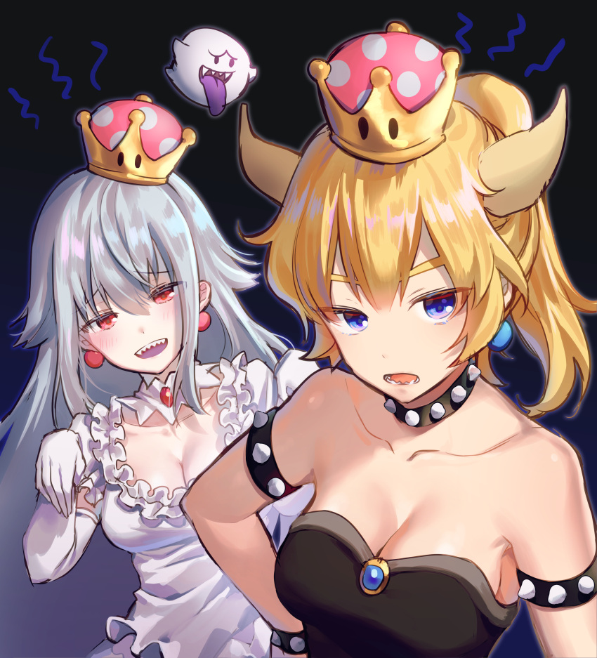 2girls absurdres alpha_(ypalpha79) bangs bare_shoulders blonde_hair blue_eyes blush boo bowsette bracelet breasts cleavage collar crown dress earrings eyebrows_visible_through_hair gloves hair_between_eyes highres horns jewelry large_breasts long_hair looking_at_viewer luigi's_mansion super_mario_bros. multiple_girls new_super_mario_bros._u_deluxe nintendo open_mouth ponytail princess_king_boo sharp_teeth shell short_sleeves silver_hair smile spiked_bracelet spiked_collar spikes super_crown teeth tongue tongue_out white_dress white_gloves white_hair