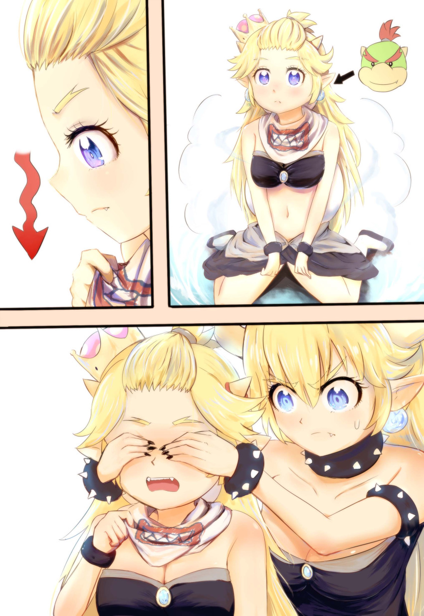2girls 3koma absurdres bangs bangs_pinned_back bib black_dress black_nails black_skirt blush borrowed_character bowser_jr. bowsette bowsette_jr. bracelet breasts brooch cleavage collar comic covering_another's_eyes directional_arrow dress expressionless eyebrows_visible_through_hair fang_out fingernails from_side frown genderswap genderswap_(mtf) hair_between_eyes hair_tie highres horns icarus_(2010741) jewelry light_blue_eyes long_hair looking_down super_mario_bros. mother_and_daughter multiple_girls nail_polish navel new_super_mario_bros._u_deluxe nintendo open_mouth parody pointy_ears sharp_fingernails short_hair sidelocks sitting skirt smoke spiked_bracelet spiked_collar spikes strapless strapless_dress super_crown thighs upper_body very_long_hair violet_eyes wariza white_footwear