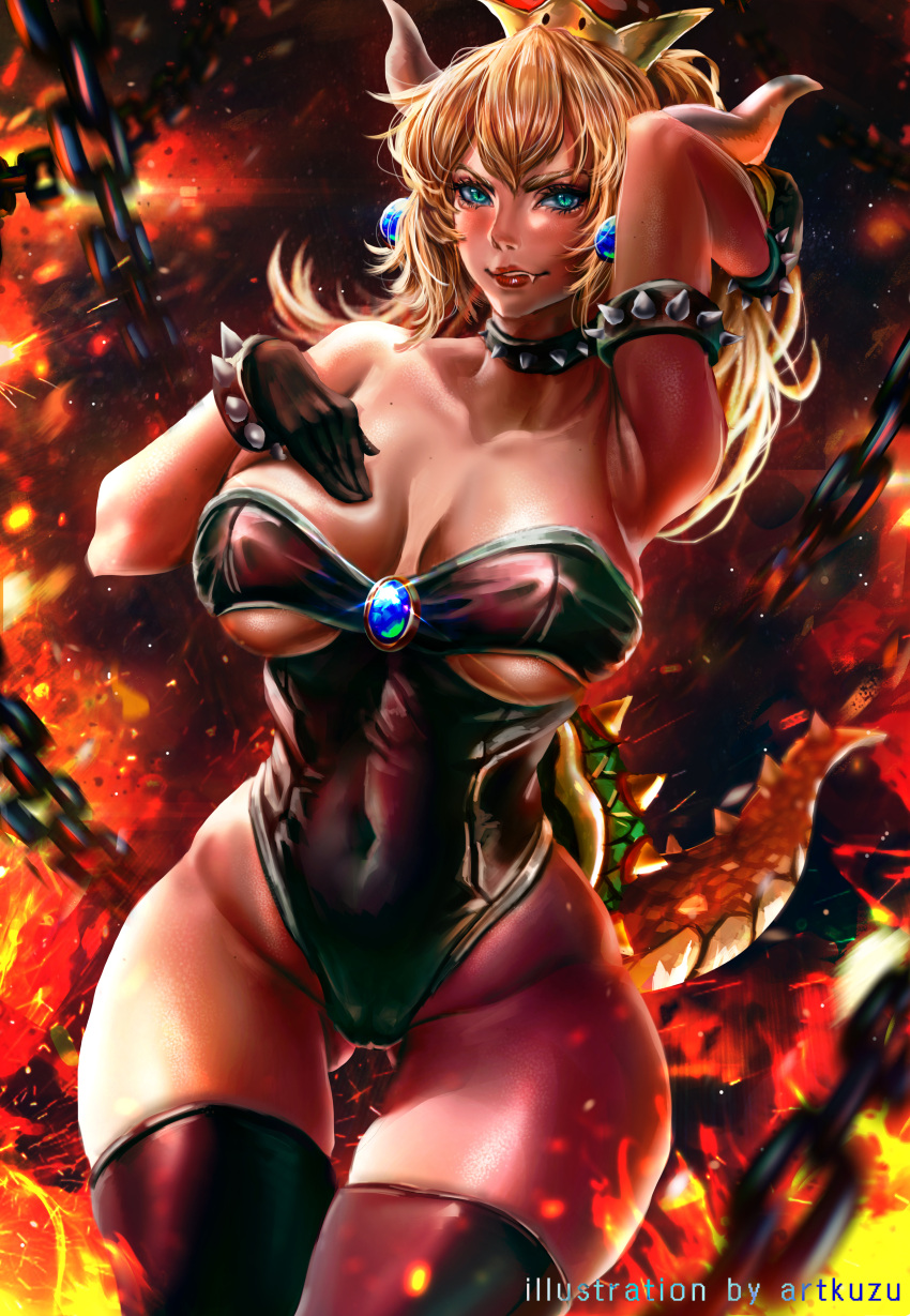 1girl absurdres artist_name artofkuzu bare_shoulders black_footwear black_gloves black_leotard blonde_hair blue_earrings blurry blurry_background blush boots bowsette bracelet breasts brooch chains collar collarbone embers explosion fang_out fire gloves gluteal_fold green_eyes hair_between_eyes hand_in_hair hand_on_own_chest highres horns jewelry large_breasts leotard light_particles lipstick looking_at_viewer makeup super_mario_bros. molten_rock neck new_super_mario_bros._u_deluxe nintendo red_lipstick sapphire_(stone) shiny shiny_clothes shiny_skin slit_pupils solo spiked_bracelet spiked_collar spiked_shell spiked_tail spikes strapless strapless_leotard super_crown thick_thighs thigh-highs thigh_boots thigh_gap thighs underboob_cutout wide_hips