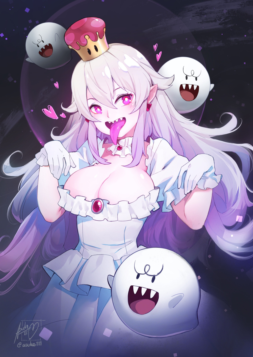 1girl absurdres bangs blush boo breasts brooch cleavage crown detached_collar dress earrings eyebrows_visible_through_hair frilled_dress frilled_gloves frilled_sleeves frills ghost gloves hair_between_eyes hands_up heart highres jewelry large_breasts long_hair long_tongue looking_at_viewer luigi's_mansion super_mario_bros. new_super_mario_bros._u_deluxe nintendo open_mouth patipat_asavasena pointy_ears princess_king_boo puffy_short_sleeves puffy_sleeves sharp_teeth short_sleeves signature silver_hair smile super_crown teeth tongue tongue_out twitter_username violet_eyes white_dress white_gloves