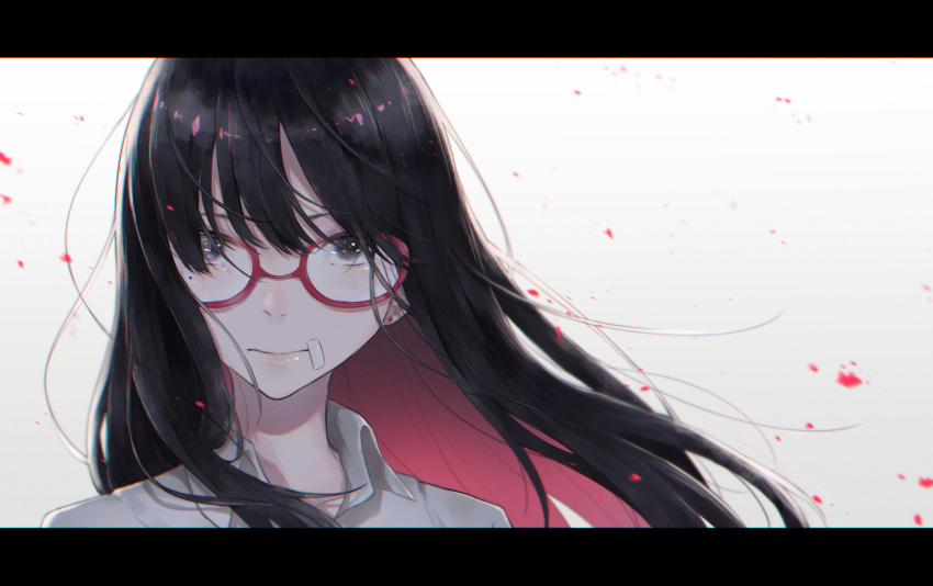 1girl black_hair earrings eyebrows_visible_through_hair hair_between_eyes jewelry letterboxed long_hair multicolored_hair necojishi original pink_hair red-framed_eyewear solo