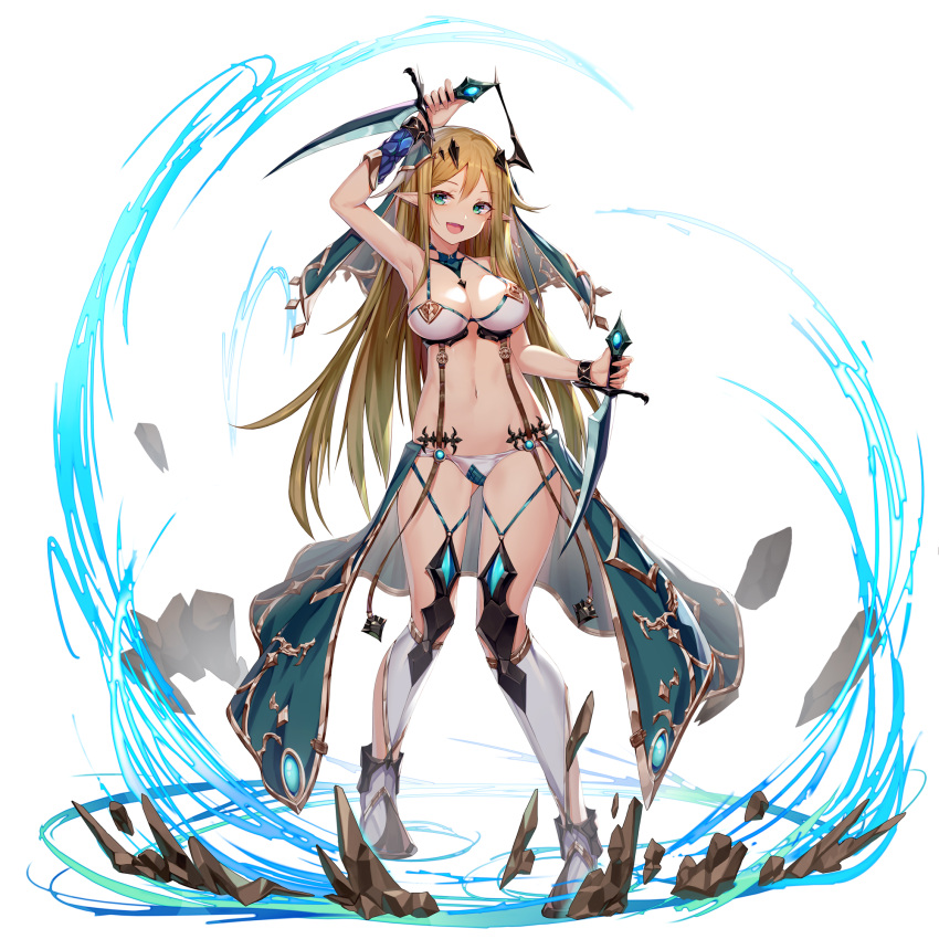 1girl :d aqua_eyes arm_up armpits bangs bikini blonde_hair boots bracelet breasts btraphen cleavage dual_wielding fangs full_body groin headgear highres holding holding_weapon jewelry knife long_hair looking_at_viewer medium_breasts navel open_mouth original pointy_ears simple_background smile solo standing swimsuit veil very_long_hair weapon white_background white_bikini