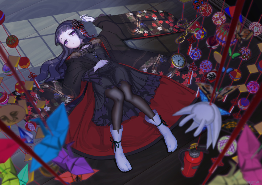 1girl alternate_costume black_dress black_flower black_hair black_legwear black_rose blurry choker clock collarbone depth_of_field dress fire_extinguisher flower frilled_choker frills from_above furisode hair_ornament hand_on_own_stomach hardgore_alice hayanye highres japanese_clothes kanzashi kimono knees_together_feet_apart leaf_print long_hair long_sleeves looking_at_viewer lying mahou_shoujo_ikusei_keikaku maple_leaf_print on_back on_floor open_clothes open_kimono origami pale_skin paper_balloon paper_crane parted_lips roman_numerals rose scissors silhouette solo tsumami_kanzashi very_long_hair violet_eyes wooden_floor