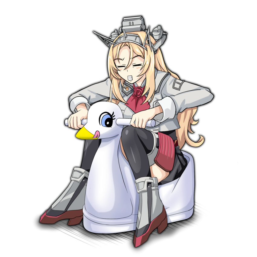 1girl black_legwear blonde_hair breasts clenched_teeth closed_eyes commentary_request flower full_body headgear highres kantai_collection large_breasts long_hair military military_uniform nelson_(kantai_collection) red_flower red_rose riding rose simple_background sitting solo teeth thigh-highs tk8d32 training_toilet uniform white_background
