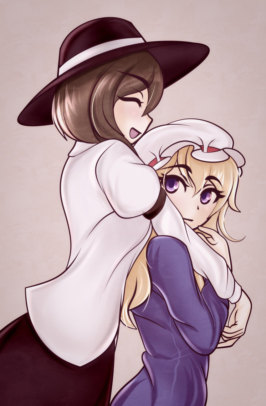 2girls blonde_hair breasts brown_hair cafeier closed_eyes commentary dress english_commentary expressionless eyebrows_visible_through_hair hat highres hug hug_from_behind long_hair looking_at_another maribel_hearn medium_breasts mob_cap multiple_girls open_mouth puffy_sleeves purple_dress simple_background smile touhou usami_renko violet_eyes