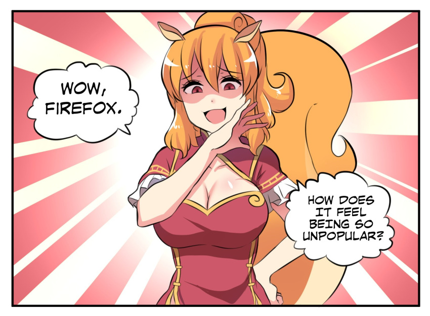 1girl 4koma animal_ears bangs breasts chinese_clothes cleavage cleavage_cutout collarbone comic english eyebrows_visible_through_hair hair_between_eyes hand_on_hip highres hinghoi large_breasts long_hair open_mouth orange_hair os-tan personification ponytail red_eyes short_sleeves smile solo speech_bubble squirrel_ears squirrel_girl squirrel_tail tail uc_browser upper_body