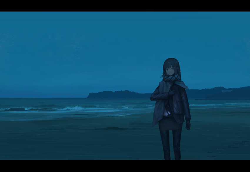 1girl beach black_gloves blue_eyes blue_hair closed_mouth eyebrows_visible_through_hair gloves highres letterboxed long_hair looking_at_viewer night original outdoors peke_(shadow105) solo standing