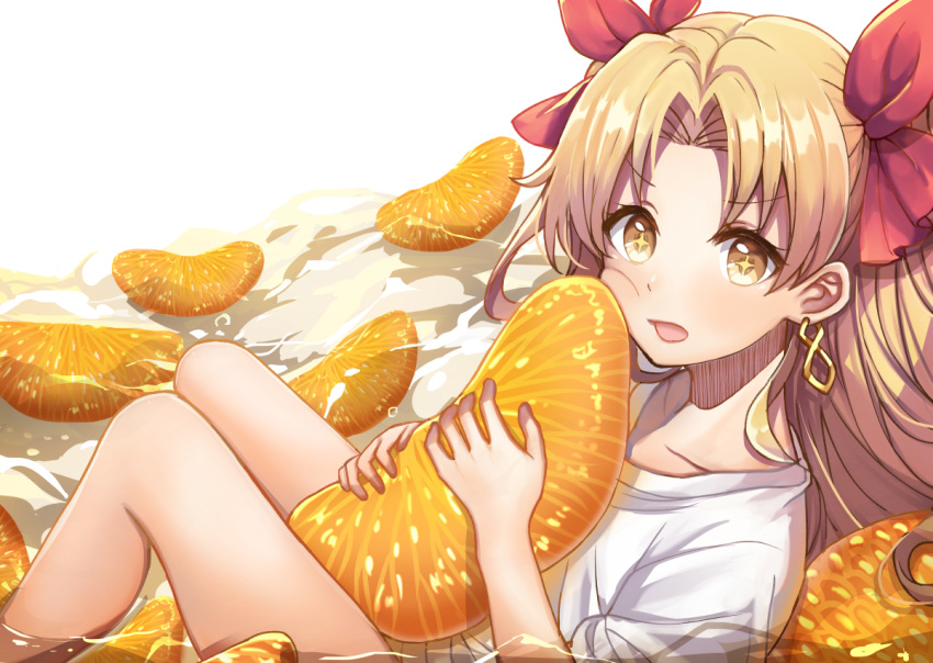 +_+ 1girl bangs bare_legs blonde_hair blush commentary_request earrings ereshkigal_(fate/grand_order) fate/grand_order fate_(series) food fruit hair_ribbon holding jewelry kurono_kito long_hair looking_at_viewer mandarin_orange open_mouth ribbon solo symbol-shaped_pupils two_side_up wading water white_background yellow_eyes