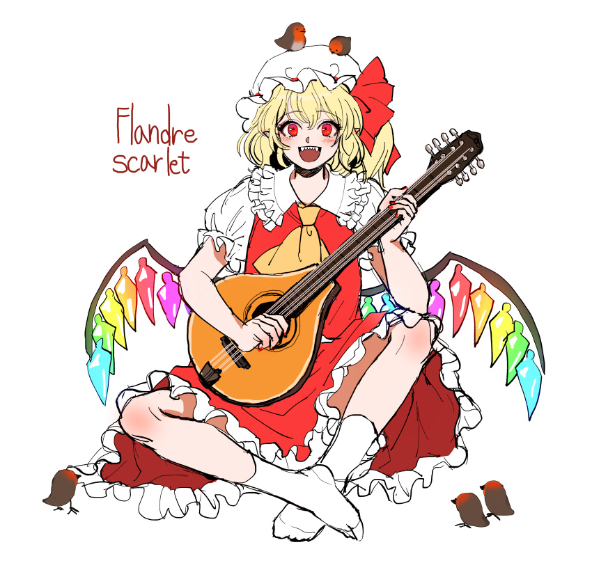 1girl :d absurdres animal animal_on_head arm_support ascot bird bird_on_head blonde_hair blush bow character_name commentary_request crossed_ankles crossed_legs crystal elbow_rest fangs flandre_scarlet frilled_shirt_collar frilled_skirt frilled_sleeves frills full_body hand_up happy hat hat_ribbon highres holding holding_instrument instrument kuya_(hey36253625) looking_at_viewer mandolin mob_cap music no_shoes on_head open_mouth playing_instrument puffy_short_sleeves puffy_sleeves rainbow_order red_eyes red_nails red_ribbon red_skirt red_vest ribbon sharp_teeth shirt short_hair short_sleeves side_ponytail simple_background sitting skirt smile socks solo teeth touhou vest white_background white_headwear white_legwear white_shirt wings yellow_neckwear