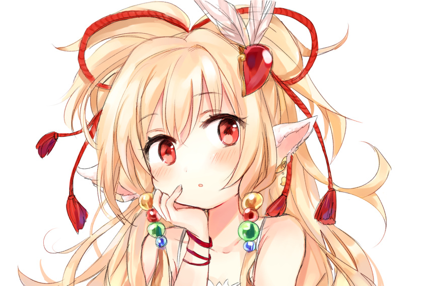 :o animal_ears blonde_hair blush bracelet eyebrows_visible_through_hair granblue_fantasy hair_ornament hand_on_own_face hari_(ribanie) harvin highres jewelry mahira_(granblue_fantasy) pointy_ears red_eyes simple_background white_background