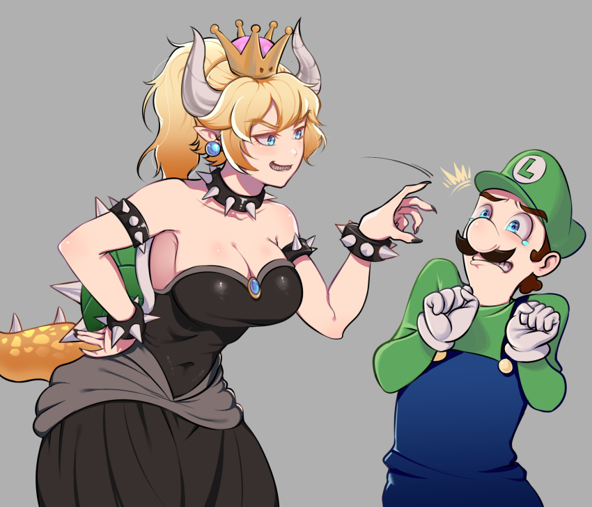 /\/\/\ 1boy 1girl armlet armpits artistntraining bare_shoulders black_dress blonde_hair blue_eyes bowsette bracelet breasts brooch brown_hair cleavage clenched_teeth collar collarbone commentary crown dress earrings english_commentary eyebrows_visible_through_hair eyebrows_visible_through_hat facial_hair gloves grey_background grin hand_on_hip hand_up hands_up hat high_ponytail highres horns jewelry large_breasts long_hair long_sleeves looking_at_another luigi super_mario_bros. mustache new_super_mario_bros._u_deluxe nintendo overalls pointy_ears ponytail scared sharp_teeth shirt simple_background smile spiked_armlet spiked_bracelet spiked_collar spiked_shell spiked_tail spikes standing strapless strapless_dress super_crown super_mario_bros. tail teeth turtle_shell upper_body v-shaped_eyebrows