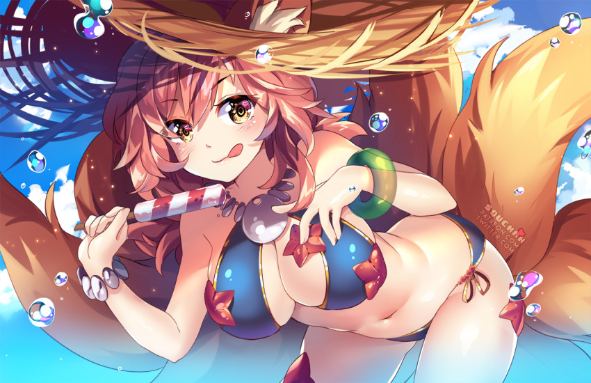 1girl :q animal_ears artist_name bangs bare_shoulders bent_over bikini blue_bikini blue_sky blush breasts brown_eyes bubble cleavage closed_mouth clouds commentary_request day ears_through_headwear eyebrows_visible_through_hair fate/grand_order fate_(series) fingernails food fox_ears fox_girl fox_tail hair_between_eyes hands_up hat holding holding_food ice_cream large_breasts leaning_forward long_hair looking_at_viewer multiple_tails navel outdoors pink_hair side-tie_bikini sky smile solo squchan starfish straw_hat swimsuit tail tail_raised tamamo_(fate)_(all) tamamo_no_mae_(swimsuit_lancer)_(fate) tongue tongue_out watermark web_address