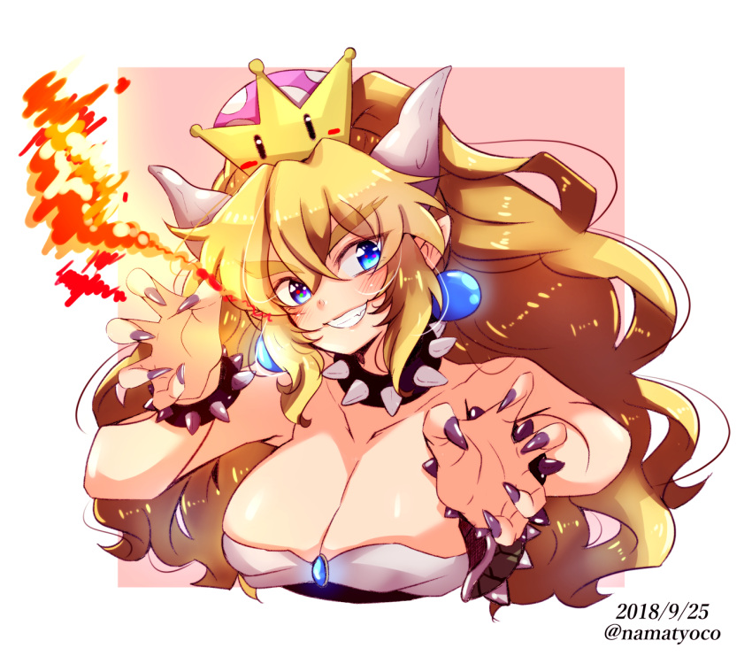 1girl bare_shoulders black_dress blonde_hair blue_eyes blush bowsette bracelet breathing_fire claw_pose collar collarbone dated dress eyebrows_visible_through_hair fingernails fire grin hair_between_eyes highres horns jewelry super_mario_bros. nail_polish namatyoco new_super_mario_bros._u_deluxe nintendo pointy_ears ponytail sharp_fingernails shell smile solo spiked_bracelet spiked_collar spikes strapless strapless_dress super_crown thick_eyebrows twitter_username upper_body