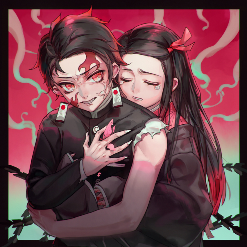 1boy 1girl anmaki bare_arms bare_shoulders black_border black_coat black_hair black_jacket blood blood_on_hands border brother_and_sister bug butterfly clenched_teeth closed_eyes coat colored_tips crying demon_boy english_commentary facial_mark fingernails gradient gradient_background hand_on_own_chest haori highres hug hug_from_behind injury jacket japanese_clothes kamado_nezuko kamado_tanjirou kimetsu_no_yaiba kimono long_hair looking_to_the_side mixed-language_commentary multicolored_hair pink_kimono pink_ribbon red_background red_eyes redhead ribbon sharp_fingernails short_hair siblings sleeves_past_fingers sleeves_past_wrists slit_pupils spoilers streaked_hair tears teeth tentacles torn_clothes torn_sleeves upper_body veins white_nails