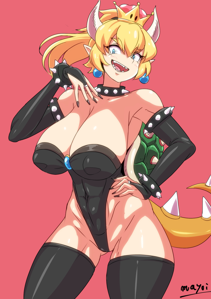 1girl armlet bangs bare_shoulders between_breasts black_legwear black_leotard black_nails blue_eyes blush bowsette bracelet breasts collarbone commentary_request covered_navel cowboy_shot crown earrings fingernails gem gluteal_fold groin hair_between_eyes hand_on_hip hand_up high_ponytail highleg highleg_leotard highres hip_bones hips horns huge_breasts jewelry legs_apart leotard lizard_tail long_fingernails looking_at_viewer super_mario_bros. mayoi89g medium_hair nail_polish new_super_mario_bros._u_deluxe nintendo open_mouth pink_background pointy_ears ponytail sapphire_(stone) sharp_teeth short_pointy_ears sideboob signature simple_background smile spiked_armlet spiked_bracelet spiked_shell spikes standing strapless strapless_leotard super_crown tail teeth thick_thighs thigh-highs thighs turtle_shell v-shaped_eyebrows wide_hips