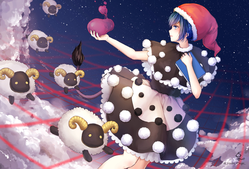 1girl absurdres blue_eyes blue_hair capelet clouds commentary_request doremy_sweet dream_soul dress fur_trim hat highres hoshiringo0902 nightcap parted_lips partial_commentary pom_pom_(clothes) profile red_hat sheep solo star_(sky) tail touhou