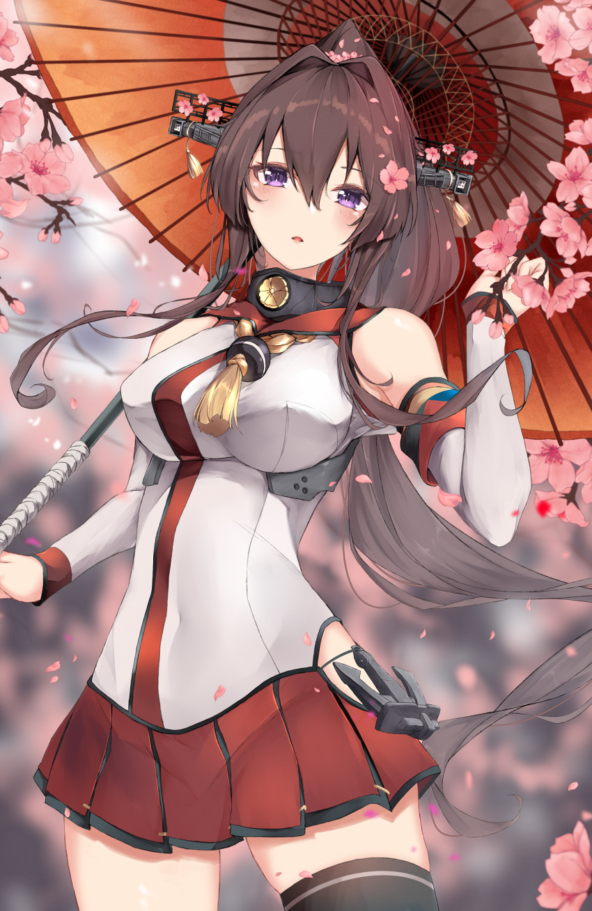 1girl black_legwear blush breasts brown_hair cherry_blossoms cowboy_shot eyebrows_visible_through_hair flower hair_between_eyes hair_flower hair_ornament headgear highres holding holding_umbrella jenson_tw kantai_collection large_breasts long_hair oil-paper_umbrella open_mouth petals pink_flower pleated_skirt red_skirt red_umbrella single_thighhigh skirt solo thigh-highs umbrella violet_eyes yamato_(kancolle) z_flag