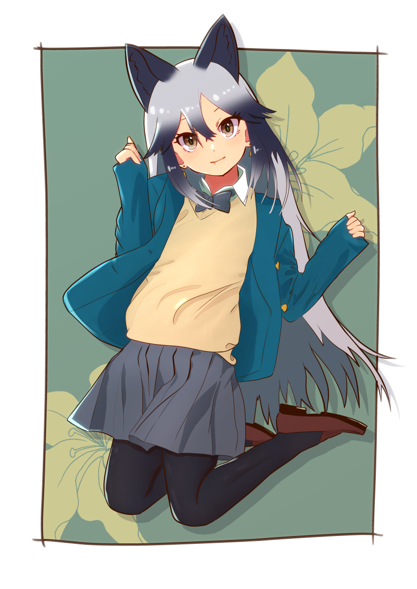1girl absurdres alternate_costume animal_ears bow bowtie collared_shirt commentary_request contemporary earrings fang fox_ears full_body grey_hair hair_between_eyes highres jacket jewelry jumping kemono_friends loafers long_hair long_sleeves multicolored_hair pantyhose pleated_skirt ponta_(matsuokazieg) shirt shoes silver_fox_(kemono_friends) silver_hair skirt sleeves_past_wrists solo sweater