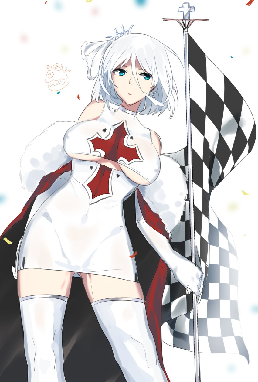 1girl azur_lane bangs blue_eyes breasts cape checkered checkered_flag cleavage confetti cross cross_earrings dress earrings elbow_gloves eyebrows_visible_through_hair flag fur-trimmed_cape fur_trim gloves hair_between_eyes highres holding_pole jewelry large_breasts looking_at_viewer mugino_kouji off_shoulder open_mouth racequeen red_cape short_hair sidelocks silver_hair simple_background solo thigh-highs tiara tight_dress tirpitz_(azur_lane) underboob_cutout white_background white_dress white_gloves white_legwear wind