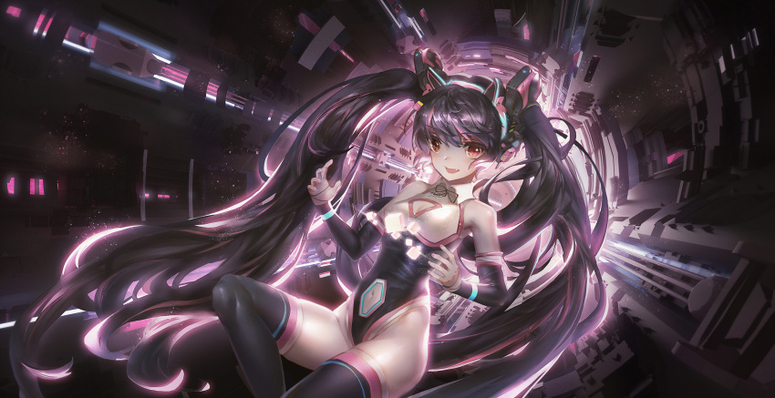 1girl animal_ears barcode black_hair breasts cat_ears detached_sleeves fang hatsune_miku highres kvpk5428 long_hair looking_at_viewer navel navel_cutout red_eyes small_breasts solo thigh-highs twintails very_long_hair vocaloid