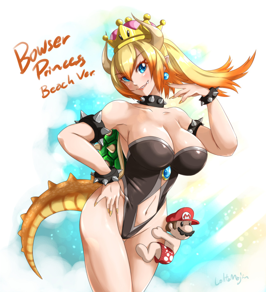 1boy 1girl adapted_costume aqua_eyes bangs bare_shoulders barefoot black_collar black_swimsuit blonde_hair borrowed_design bowsette bracelet breasts broad_shoulders brown_hair casual_one-piece_swimsuit character_name chibi cleavage collar collarbone colored_eyelashes commentary_request crown day evil_grin evil_smile eyebrows_visible_through_hair eyelashes eyes_visible_through_hair facial_hair fang_out fingernails gradient_hair grin hair_between_eyes hat highres horns jewelry large_breasts leg_carry lips lolita_majin long_fingernails looking_at_viewer male_swimwear mario super_mario_bros. miniboy multicolored_hair mustache nail_polish navel_cutout new_super_mario_bros._u_deluxe nintendo nose one-piece_swimsuit orange_hair outdoors parted_bangs ponytail red_hat sharp_fingernails sharp_teeth shiny shiny_hair shirtless single_letter smile solid_oval_eyes spiked_armlet spiked_bracelet spiked_collar spiked_shell spikes strapless strapless_swimsuit super_crown swimsuit swimwear tail teeth turtle_shell yellow_nails