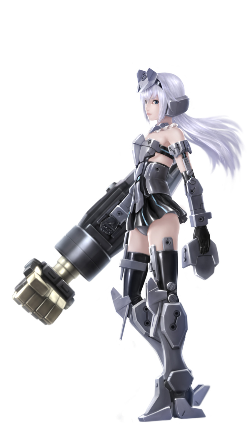 1girl absurdres architect blue_eyes eblmeka frame_arms_girl full_body highres long_hair looking_at_viewer mecha_musume simple_background solo weapon white_background white_hair