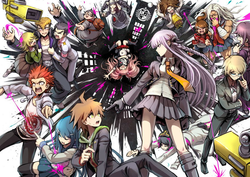 6+boys 6+girls absurdres ahoge asahina_aoi black_hair blonde_hair blue_hair brown_hair celestia_ludenberck dangan_ronpa dangan_ronpa_1 enoshima_junko everyone fujisaki_chihiro fukawa_touko hagakure_yasuhiro highres huge_filesize ikusaba_mukuro ishimaru_kiyotaka kirigiri_kyouko kuwata_reon long_hair maizono_sayaka multiple_boys multiple_girls muscle muscular_female naegi_makoto oogami_sakura oowada_mondo pink_blood pointing purple_hair school_uniform short_hair spoilers togami_byakuya trap yamada_hifumi youko-shima