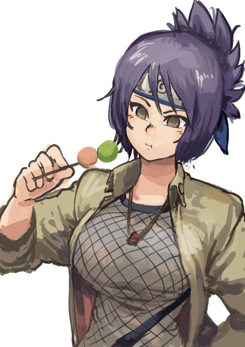 1girl :t absurdres breasts chanta_(ayatakaoisii) character_request dango eating folded_ponytail food grey_eyes grey_jacket headband highres holding holding_food jacket large_breasts naruto naruto_(series) necktie open_clothes open_jacket purple_hair sanshoku_dango simple_background solo upper_body wagashi white_background