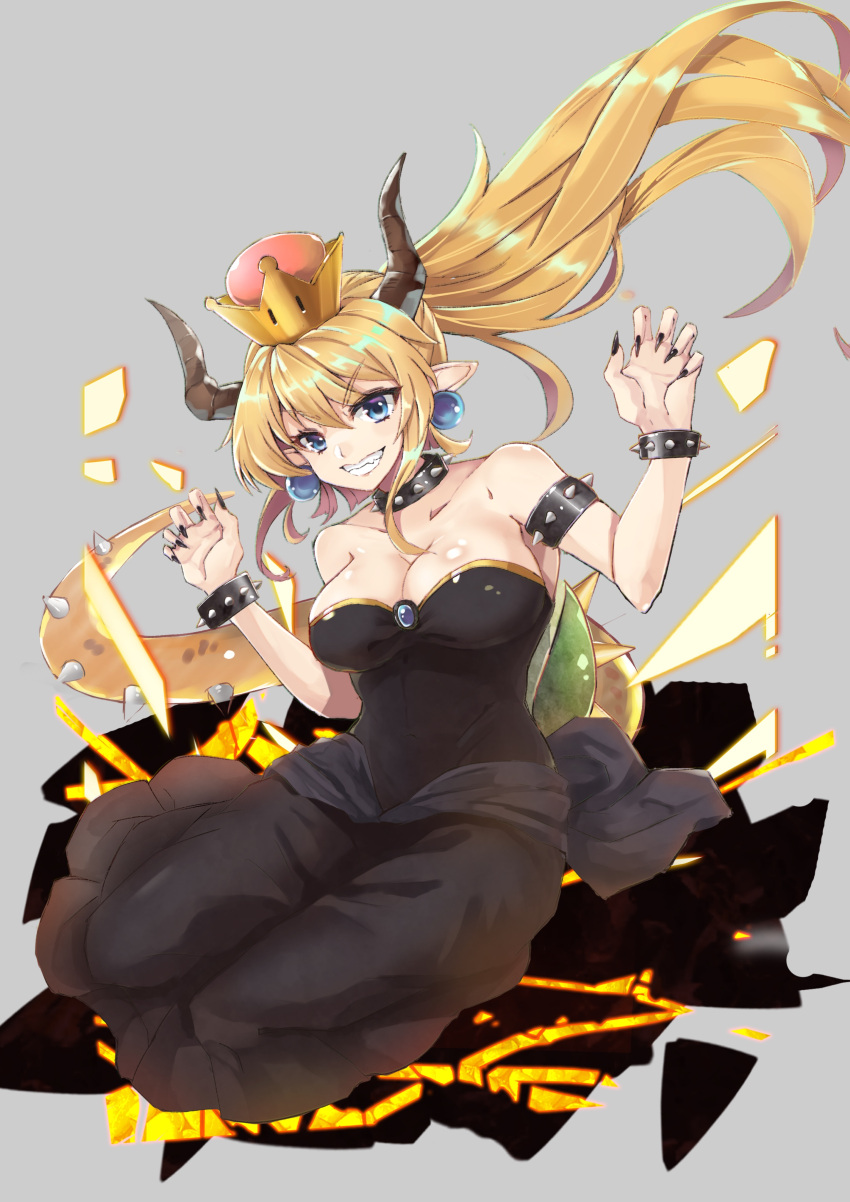 1girl absurdres alternate_eye_color artist_request bare_shoulders black_dress black_nails blonde_hair blue_earrings bowsette bracelet breasts brooch claw_pose cleavage collar collarbone dress eyebrows_visible_through_hair fang gradient_eyes grey_background grin hands_up highres hips horns jewelry large_breasts light_blue_eyes long_ponytail super_mario_bros. multicolored multicolored_eyes nail_polish new_super_mario_bros._u_deluxe nintendo pointy_ears sharp_nails shattering shiny shiny_hair short_hair short_hair_with_long_locks sidelocks simple_background sitting smile solo spiked_bracelet spiked_collar spiked_shell spiked_tail spikes strapless strapless_dress super_crown thighs violet_eyes yokozuwari
