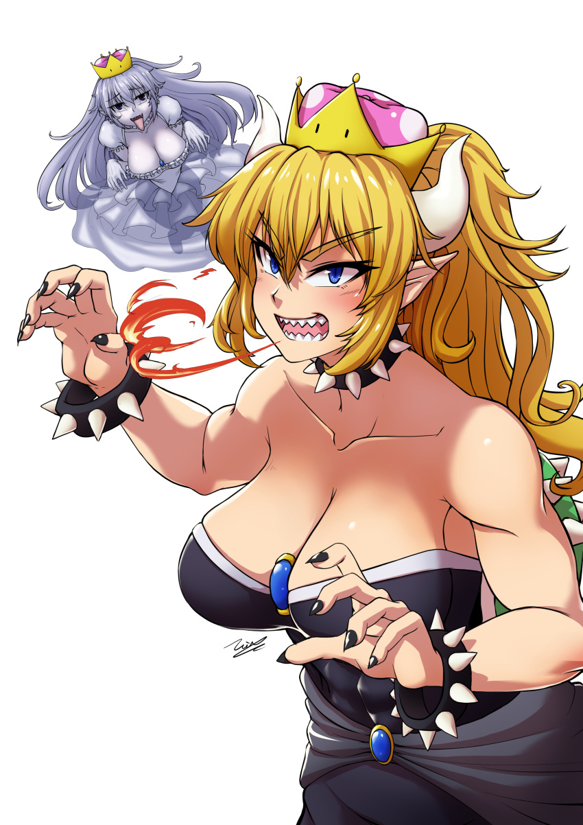2girls absurdres armlet black_eyes black_nails blonde_hair blue_eyes bowsette bracelet breasts chanakim cleavage collar commentary_request crown dress eyebrows_visible_through_hair gloves highres horns jewelry large_breasts long_hair looking_at_viewer luigi's_mansion super_mario_bros. multiple_girls nail_polish new_super_mario_bros._u_deluxe nintendo pale_skin pointy_ears ponytail princess_king_boo puffy_short_sleeves puffy_sleeves sharp_teeth short_sleeves signature simple_background spiked_armlet spiked_bracelet spiked_collar spikes super_crown teeth tongue tongue_out white_background white_dress white_gloves