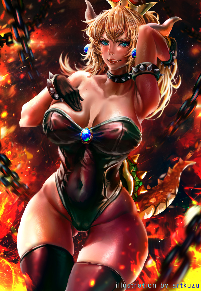 1girl absurdres artist_name artofkuzu bare_shoulders black_footwear black_gloves black_leotard blonde_hair blue_earrings blurry blurry_background blush boots bowsette bracelet breasts brooch chains collar collarbone embers explosion fang_out fire gloves gluteal_fold green_eyes hair_between_eyes hand_in_hair hand_on_own_chest highres horns jewelry large_breasts leotard light_particles lipstick looking_at_viewer makeup super_mario_bros. molten_rock neck new_super_mario_bros._u_deluxe nintendo red_lipstick sapphire_(stone) shiny shiny_clothes shiny_skin slit_pupils solo spiked_bracelet spiked_collar spiked_shell spiked_tail spikes strapless strapless_leotard super_crown thick_thighs thigh-highs thigh_boots thigh_gap thighs wide_hips