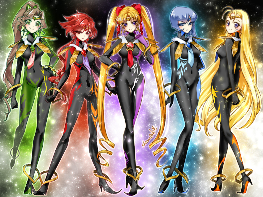 5girls ahoge bangs bishoujo_senshi_sailor_moon bishoujo_senshi_sailor_moon_another_story black_bodysuit blonde_hair blue_eyes blue_hair blue_neckwear bodysuit brooch brown_hair circlet closed_mouth covered_navel full_body green_eyes high_heels highres ishtar_(sailor_moon) jewelry legs long_hair looking_at_viewer marduk_(sailor_moon) multiple_girls nabu_(sailor_moon) necktie nergal_(sailor_moon) parted_bangs pink_neckwear ponytail purple_neckwear red_eyes red_neckwear redhead shirataki_kaiseki short_hair signature sin_(sailor_moon) skin_tight smile standing twintails violet_eyes