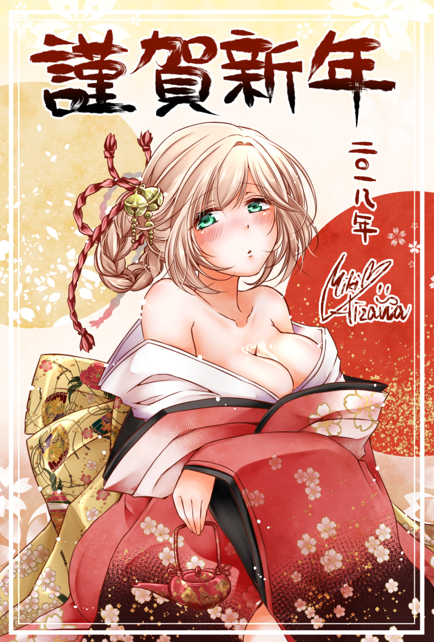 1girl 8i83ash bare_shoulders bell blonde_hair blush braid breasts cleavage collarbone commentary_request eyebrows_visible_through_hair floral_print green_eyes hair_bell hair_ornament highres holding holding_teapot japanese_clothes kimono kimono_pull long_hair looking_at_viewer medium_breasts multicolored multicolored_clothes multicolored_kimono no_bra off_shoulder original parted_lips print_kimono signature solo teapot translated