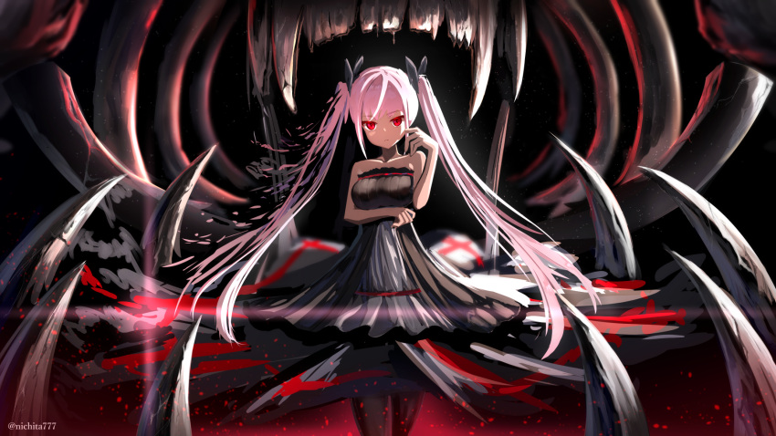 1girl arm_under_breasts bangs bare_arms bare_shoulders black_dress black_ribbon breast_hold breasts closed_mouth collarbone commentary_request dress eyebrows_visible_through_hair fangs hair_ribbon hand_up highres kurotobi_rarumu long_hair looking_at_viewer medium_breasts original pink_hair red_eyes ribbon sidelocks solo standing strapless strapless_dress twintails very_long_hair