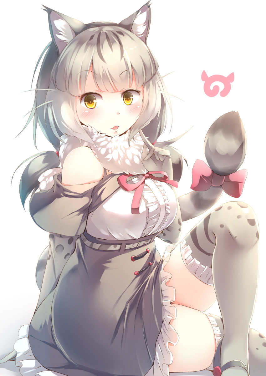 1girl absurdres animal_ears bare_shoulders blush bow cat_ears cat_tail commentary_request elbow_gloves eyebrows_visible_through_hair frilled_legwear fur_collar gloves grey_hair hair_tie high-waist_skirt highres japari_symbol jungle_cat_(kemono_friends) kanzakietc kemono_friends legs_crossed long_hair low_twintails multicolored_hair neck_ribbon ribbon sitting skirt sleeveless solo tail tail_bow thigh-highs twintails yellow_eyes zettai_ryouiki