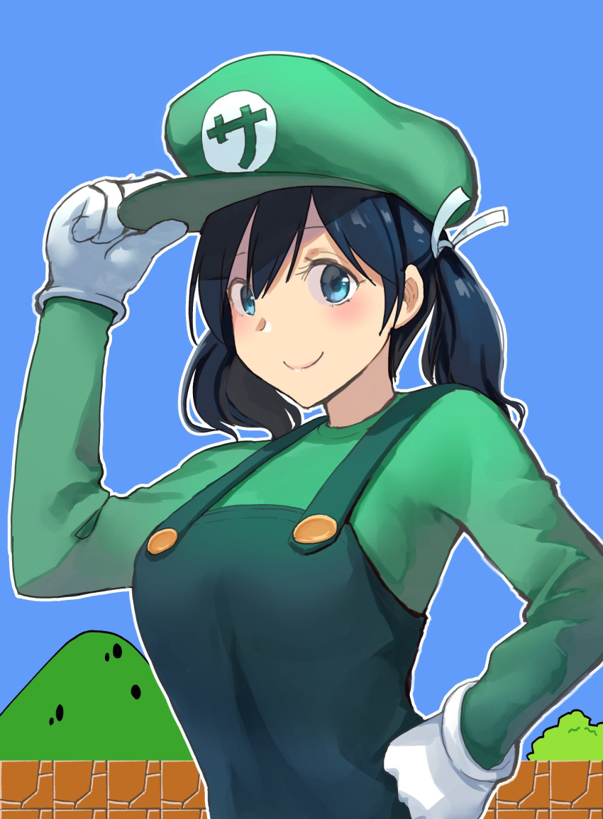1girl bangs blue_eyes blue_hair blue_hat blue_shirt blue_sky blush character_request closed_mouth commentary_request cosplay gloves hand_on_headwear hand_on_hip hat highres kantai_collection long_sleeves looking_at_viewer luigi luigi_(cosplay) super_mario_bros. masukuza_j nintendo outdoors overalls shirt short_hair sky smile solo super_mario_bros. twintails upper_body white_gloves