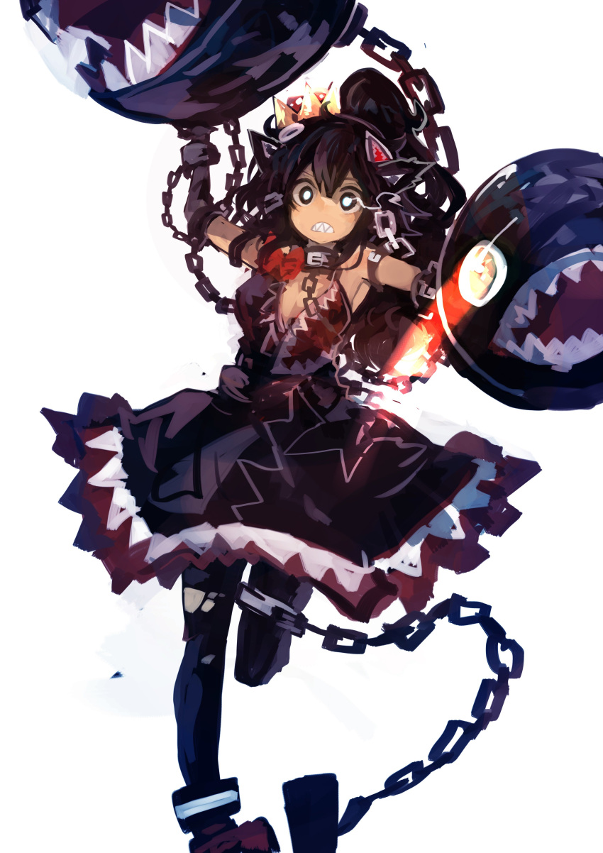 1girl absurdres animal_ears bangs black_collar black_eyes black_hair black_legwear breasts chain_chomp chains cleavage collar crown dog_ears glowing glowing_eye high_ponytail highres kaamin_(mariarose753) large_breasts leg_up long_hair super_mario_bros. new_super_mario_bros._u_deluxe nintendo pantyhose princess_chain_chomp restrained sharp_teeth simple_background solo standing standing_on_one_leg super_crown super_mario_bros. teeth white_background