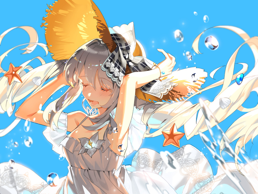 1girl :d arm_up armpits bangs bare_arms bare_shoulders blue_background bracelet breasts closed_eyes dress eyebrows_visible_through_hair facing_viewer fate/grand_order fate_(series) hat hat_ribbon highres jewelry long_hair marie_antoinette_(fate/grand_order) marie_antoinette_(swimsuit_caster)_(fate) medium_breasts mona0101 open_mouth ribbon seashell shell sidelocks silver_hair sleeveless sleeveless_dress smile solo starfish straw_hat teeth twintails upper_body water_drop white_dress wind