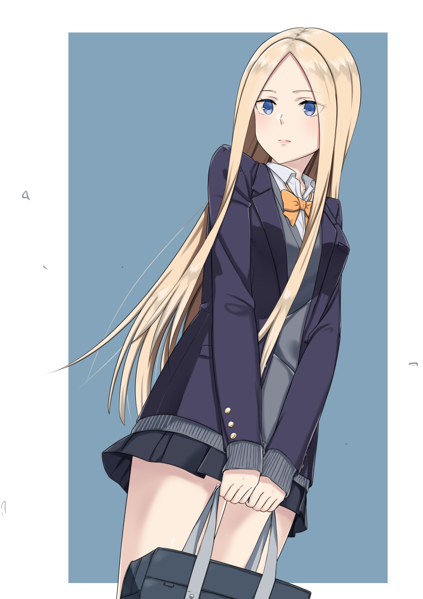 1girl abigail_williams_(fate/grand_order) absurdres alternate_costume bag bangs black_skirt blazer blonde_hair blue_background blue_eyes blue_jacket bow bowtie closed_mouth collared_shirt commentary_request eyebrows_visible_through_hair eyes_visible_through_hair fate/grand_order fate_(series) forehead grey_sweater highres holding holding_bag jacket k-ya. long_hair long_sleeves miniskirt open_blazer open_clothes open_jacket orange_neckwear parted_bangs pleated_skirt school_bag school_uniform shirt skirt sleeves_past_wrists solo sweater two-tone_background v_arms very_long_hair white_background white_shirt