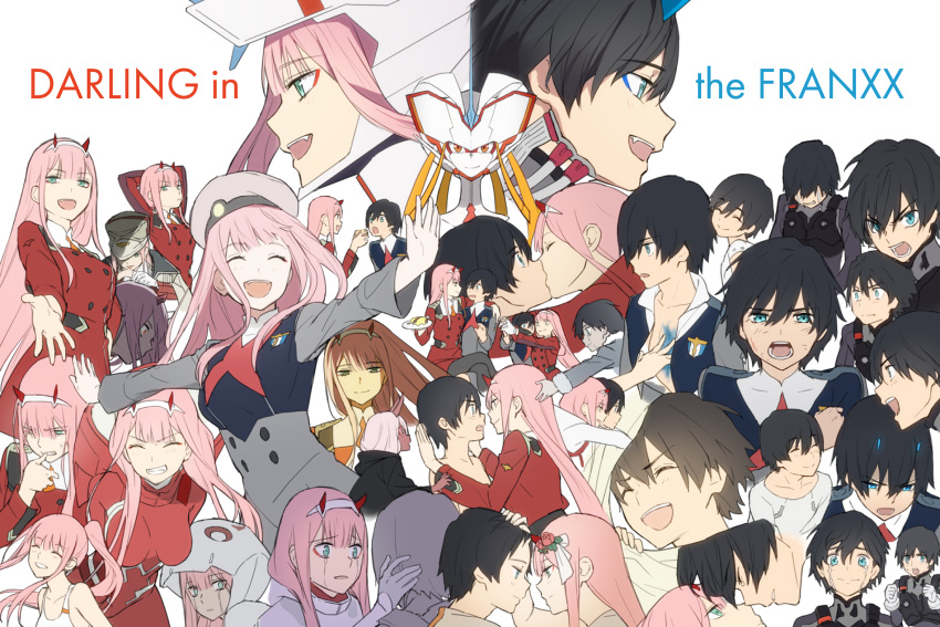 1boy 1girl arms_behind_head bangs bare_shoulders black_bodysuit black_cloak black_hair blue_eyes blue_horns blush bodysuit breasts chest_scar child cloak closed_eyes coat collarbone commentary_request couple crying crying_with_eyes_open dancing darling_in_the_franxx dress dual_persona expressions eyebrows_visible_through_hair face-to-face facing_another fang fangs finger_in_mouth flower food forehead-to-forehead fur_coat fur_trim gloves green_eyes grey_coat grey_dress grey_shirt grey_shorts hair_flower hair_ornament hairband hand_holding hand_on_another's_chest hand_on_another's_head hand_on_own_chest hand_up hands_up hat hetero high_ponytail highres hiro_(darling_in_the_franxx) holding holding_food holding_plate hood hood_up hooded_cloak horns hug hug_from_behind in_mouth interlocked_fingers jacket_on_shoulders kiss legs_crossed licking licking_hand long_coat long_hair long_sleeves looking_at_another mecha medium_breasts military military_uniform necktie nightgown oni_horns open_clothes open_coat open_shirt orange_neckwear outstretched_hand pajamas parka peaked_cap pilot_suit pink_hair plate ponytail red_bodysuit red_dress red_horns red_neckwear red_pupils red_sclera red_skin scar sharing_food shirt shirtless shorts sitting sitting_on_lap sitting_on_person strelizia strelizia_apus strelizia_true_apus sweat swimsuit tears toma_(norishio) tongue tongue_out tube uniform white_bodysuit white_coat white_gloves white_hairband white_nightgown white_pajamas white_shirt white_swimsuit winter_clothes winter_coat zero_two_(darling_in_the_franxx)