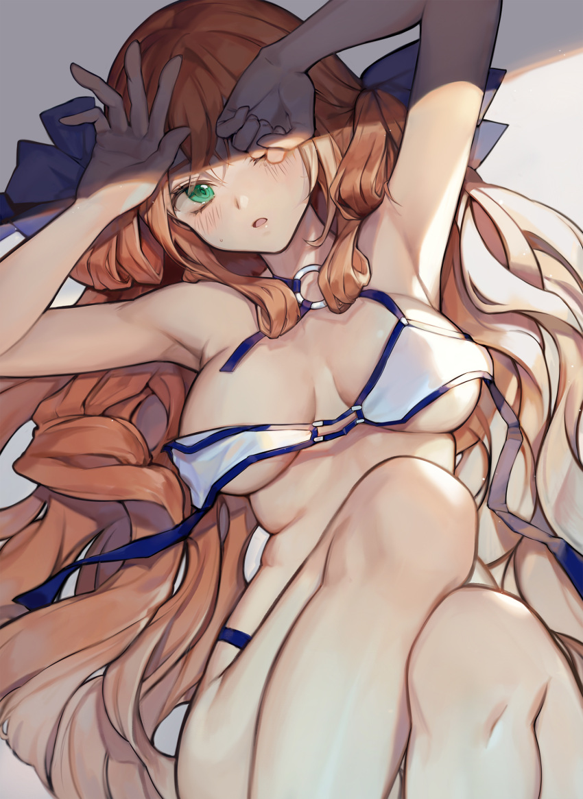 1girl alternate_costume bangs bikini blush breasts brown_hair cleavage eyebrows_visible_through_hair girls_frontline green_eyes hair_between_eyes hair_ribbon hair_rings hands_up highres knees_up large_breasts long_hair looking_at_viewer lying m1903_springfield_(girls_frontline) minncn o-ring o-ring_top on_back one_eye_closed open_mouth ribbon shade sidelocks solo swimsuit tearing_up untied untied_bikini