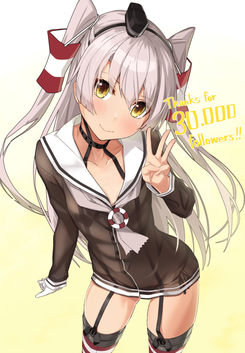 1girl amatsukaze_(kantai_collection) blush choker closed_mouth commentary_request contrapposto cowboy_shot dress followers from_above gloves gradient gradient_background grey_hair hairband hat head_tilt highres kantai_collection looking_at_viewer mini_hat sailor_dress see-through short_dress simple_background single_glove smile solo suspenders takanashi_kei_(hitsujikan) thank_you thigh-highs two_side_up w white_gloves yellow_eyes