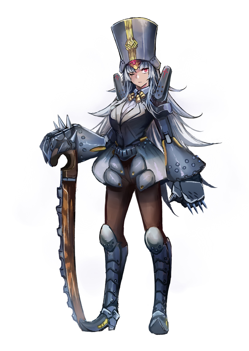 1girl absurdres charles_babbage_(fate/grand_order) chinese_commentary commentary_request fate/grand_order fate_(series) faulds full_body gauntlets genderswap genderswap_(mtf) greaves helmet highres jeffrey10 long_hair looking_at_viewer pants red_eyes scar scar_across_eye silver_hair standing sword weapon white_background