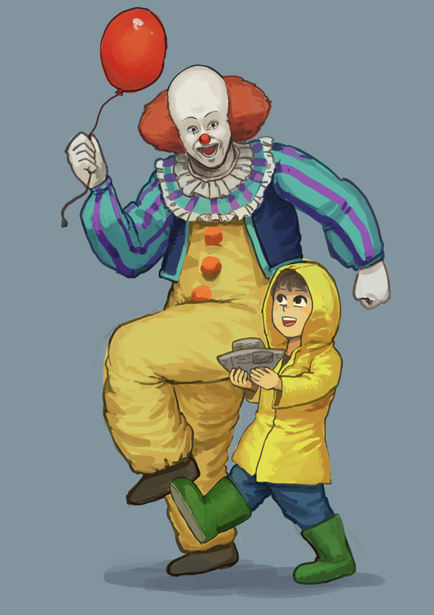 2boys :d balloon black_eyes blue_background blue_pants blush bodysuit boots brown_hair chanta_(ayatakaoisii) clown georgie_denbrough gloves highres holding it_(stephen_king) jacket long_sleeves male_focus multiple_boys open_mouth pants paper_boat pennywise raincoat redhead rubber_boots sanpaku simple_background smile standing standing_on_one_leg walking white_gloves