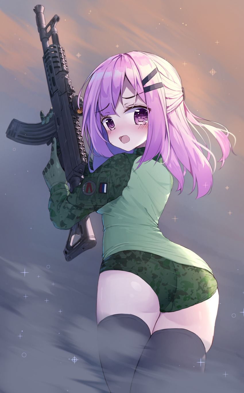 1girl absurdres ak-104 ass assault_rifle bangs blush breasts camouflage camouflage_jacket camouflage_shorts clouds commentary_request eyebrows_visible_through_hair gloves green_gloves green_jacket green_shorts grey_legwear gun hair_between_eyes hair_ornament hairclip half_updo hand_up highres holding holding_gun holding_weapon jacket looking_at_viewer looking_back open_mouth original outdoors pink_hair rifle russian_commentary scope short_shorts shorts sidelocks sky small_breasts solo tandohark thigh-highs trigger_discipline violet_eyes weapon