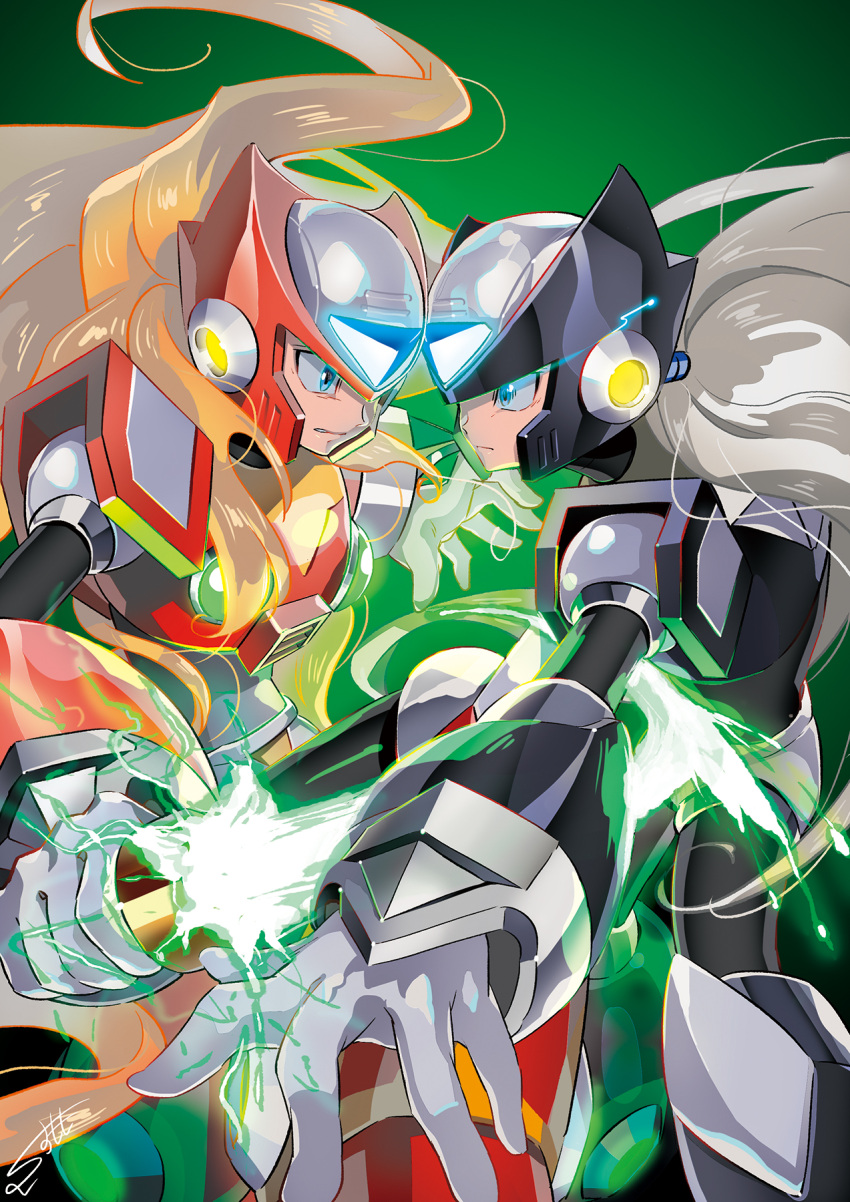 2boys alternate_hair_color android blonde_hair blue_eyes capcom dark_persona dual_persona energy_blade energy_sword fighting gloves green_background helmet highres holding holding_weapon long_hair male_focus multiple_boys ponytail rockman rockman_x signature silver_hair simple_background smile sumomo sword weapon zero_(rockman)
