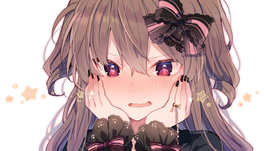 1girl bangs black_bow black_nails black_shirt blush bow brown_hair commentary_request eyebrows_visible_through_hair fingernails hair_between_eyes hair_bow hands_on_own_cheeks hands_on_own_face hands_up heart heart-shaped_pupils highres ikeuchi_tanuma long_hair long_sleeves looking_at_viewer nail_polish original portrait red_eyes shirt simple_background solo star striped striped_bow symbol-shaped_pupils very_long_hair white_background