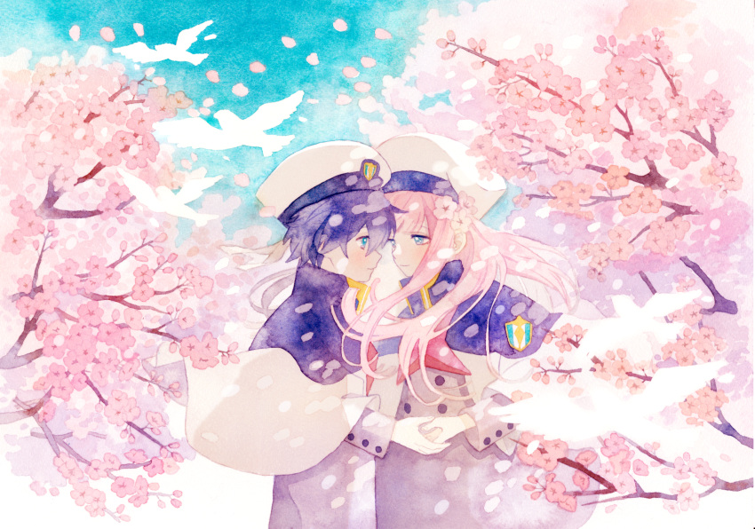 1boy 1girl bangs bird black_hair blue_eyes blue_sky cherry_blossoms clouds cloudy_sky commentary_request couple darling_in_the_franxx day dress face-to-face facing_another floating_hair flower forehead-to-forehead green_eyes grey_dress grey_shirt hand_holding hat hetero highres hiro_(darling_in_the_franxx) horns it_yo_boy_demon long_hair long_sleeves looking_at_another military military_uniform mocchimochiyade necktie oni_horns peaked_cap petals pink_hair red_horns red_neckwear shirt sky uniform zero_two_(darling_in_the_franxx)